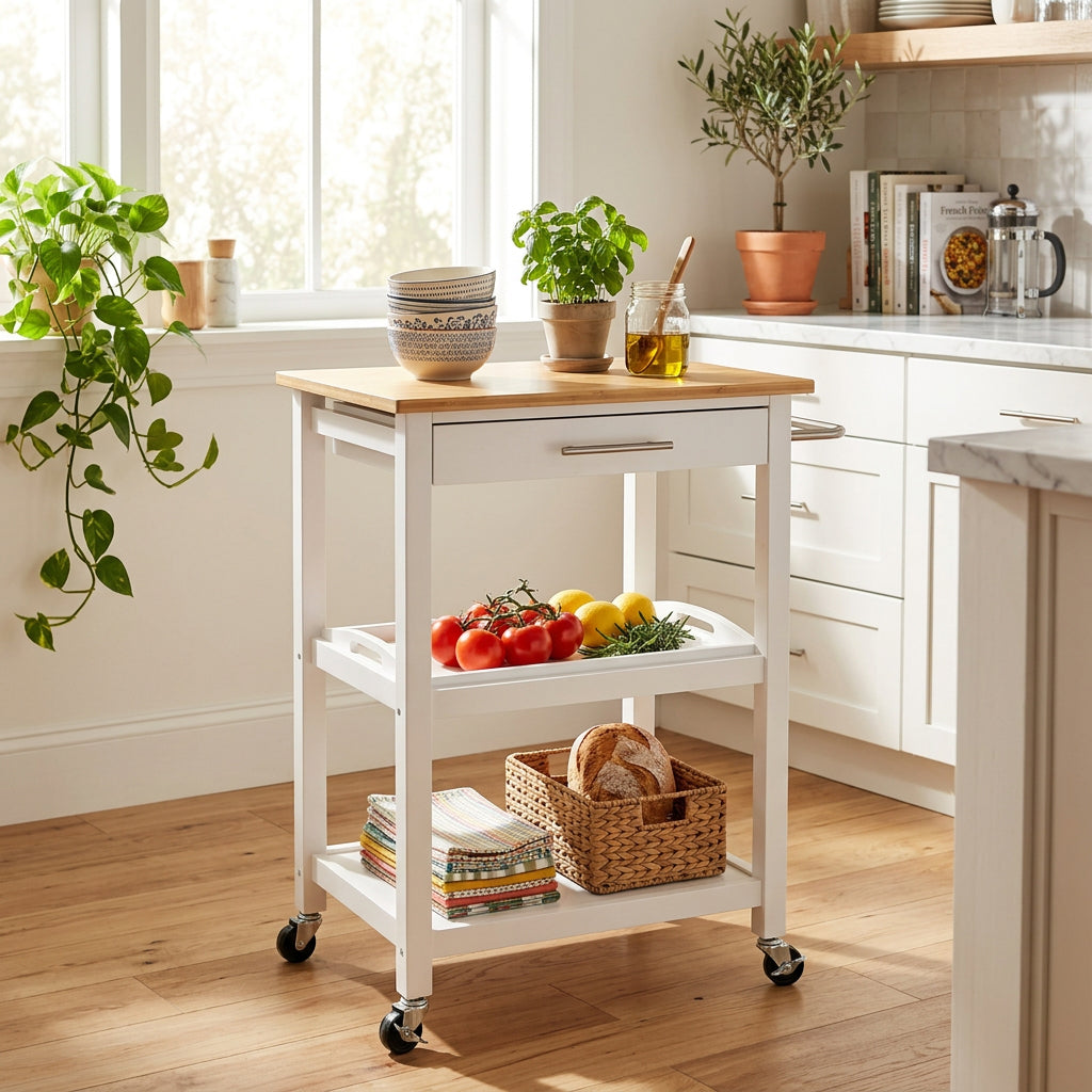 JS Maison Desserte de cuisine à roulettes avec plateau en bambou, Blanc - Simple Boutique