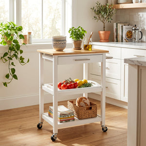 JS Maison Desserte de cuisine à roulettes avec plateau en bambou, Blanc - Simple Boutique
