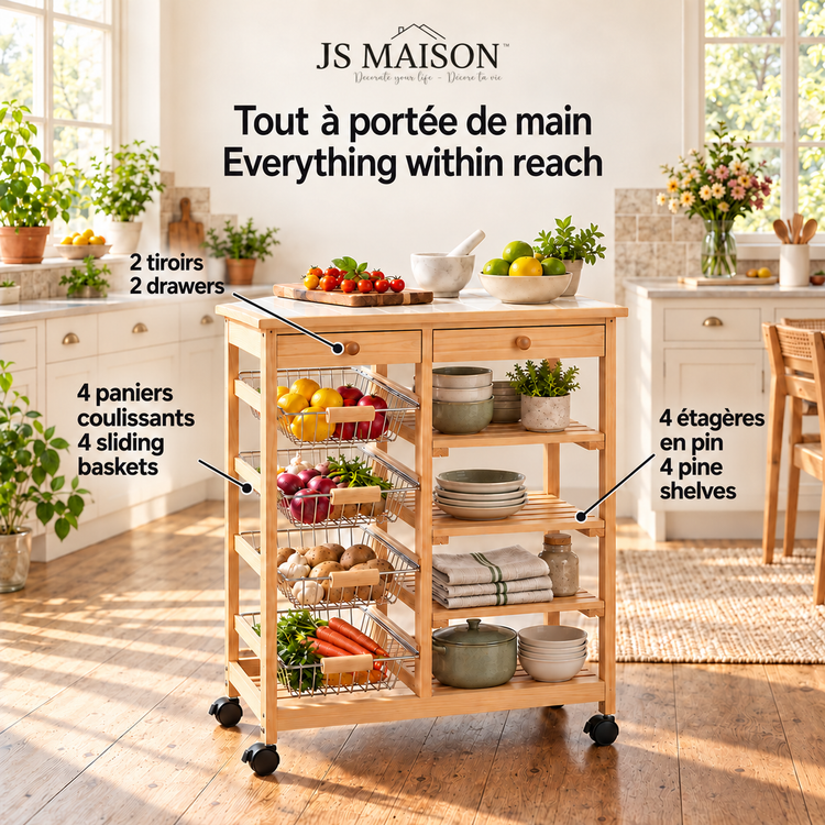 JS Maison Desserte et plan de travail en pin avec plateau en céramique - Simple Boutique