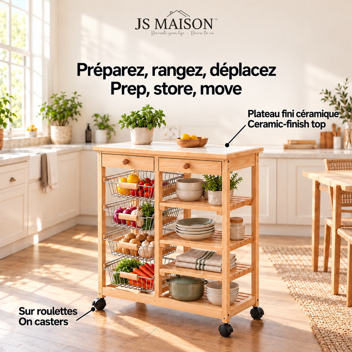 JS Maison Desserte et plan de travail en pin avec plateau en céramique - Simple Boutique
