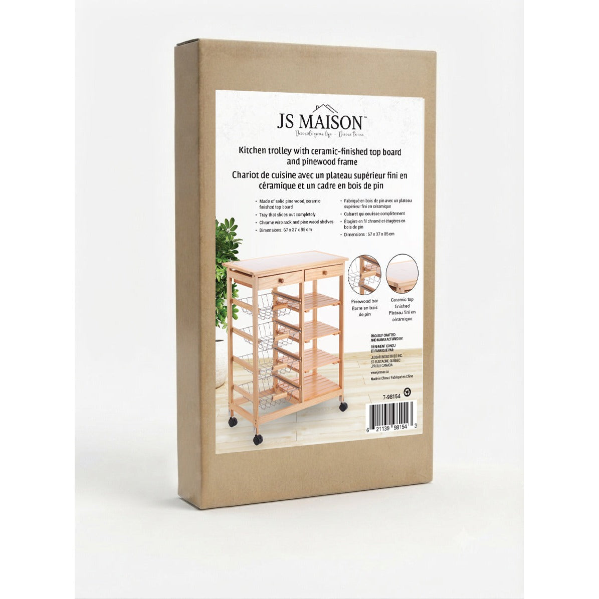 JS Maison Desserte et plan de travail en pin avec plateau en céramique - emballage - Simple Boutique