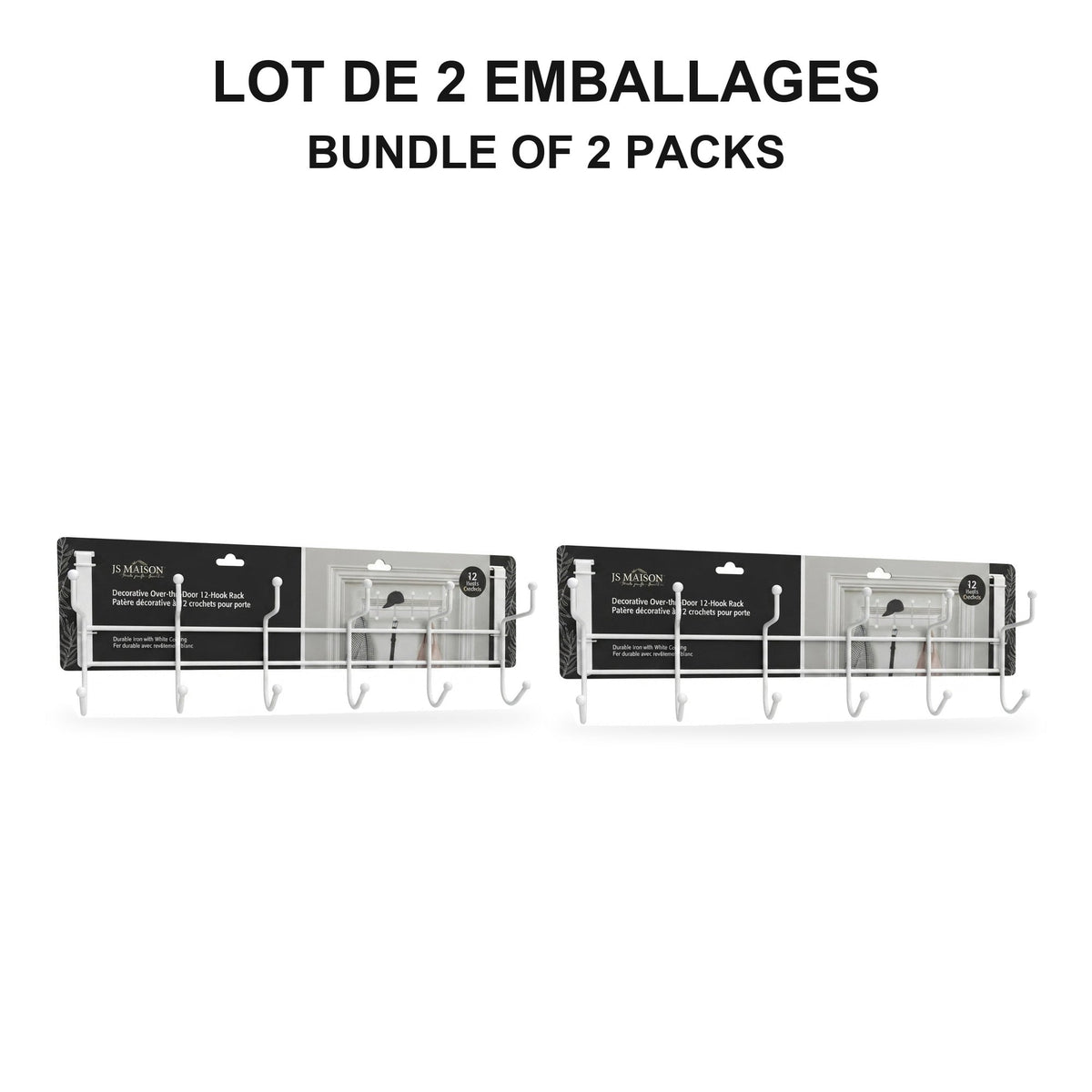 JS Maison Patère à 6 crochets à suspendre à la porte - Blanc - Lot de 2 - emballage - Simple Boutique