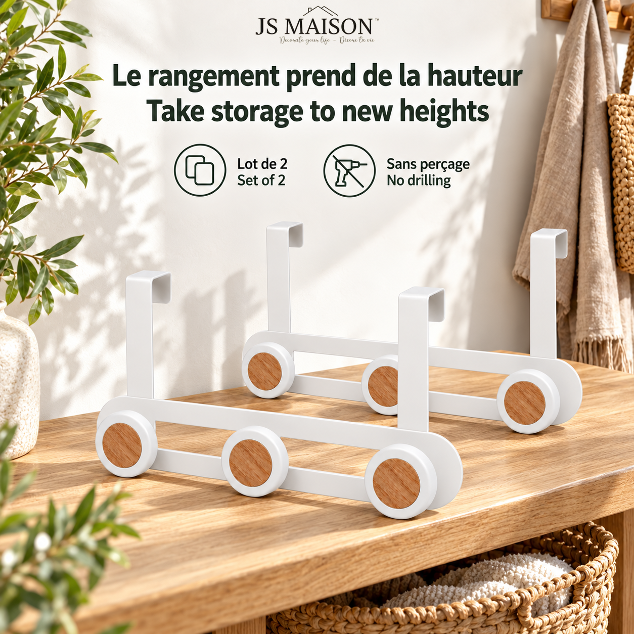 JS Maison Patère de porte à 3 crochets - Blanc mat - Lot de 2 - Simple Boutique