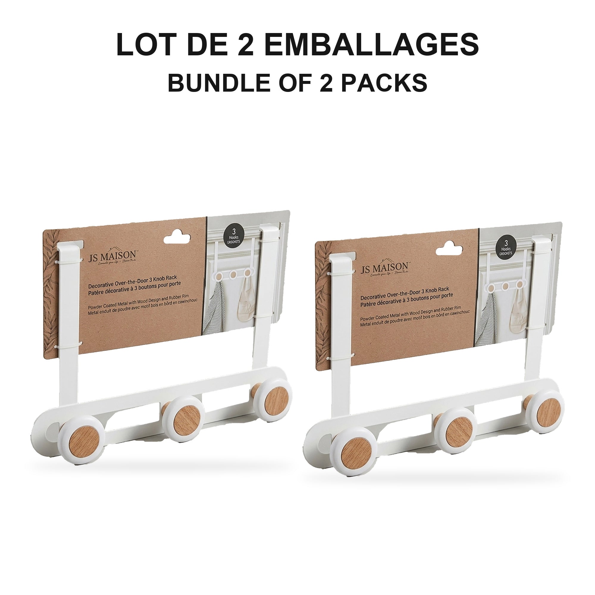 JS Maison Patère de porte à 3 crochets - Blanc mat - Lot de 2 - emballage - Simple Boutique