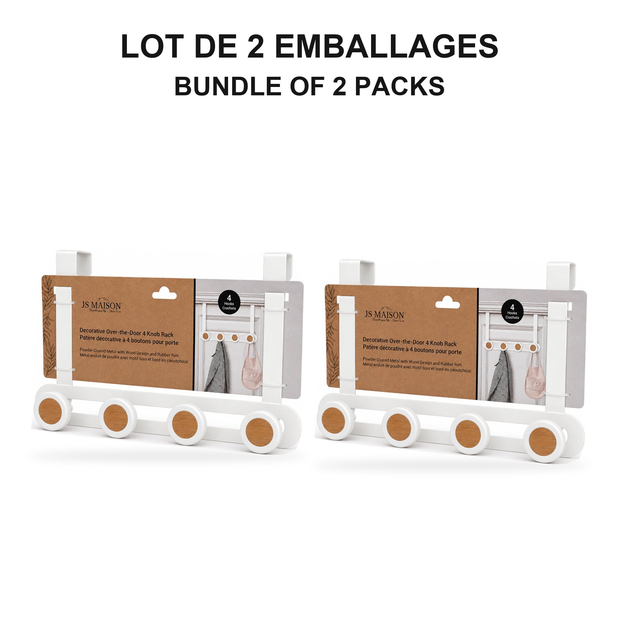 JS Maison Patère de porte à 4 boutons - Blanc mat - Lot de 2 - emballage - Simple Boutique