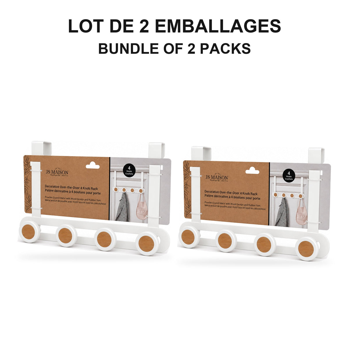 JS Maison Patère de porte à 4 boutons - Blanc mat - Lot de 2 - emballage - Simple Boutique
