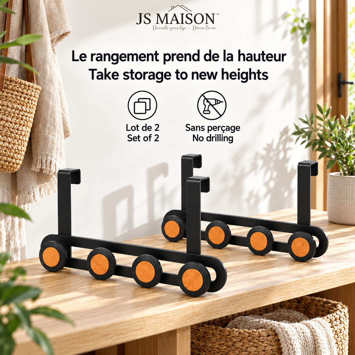 JS Maison Patère de porte à 4 crochets - Noir mat - Lot de 2 - Simple Boutique