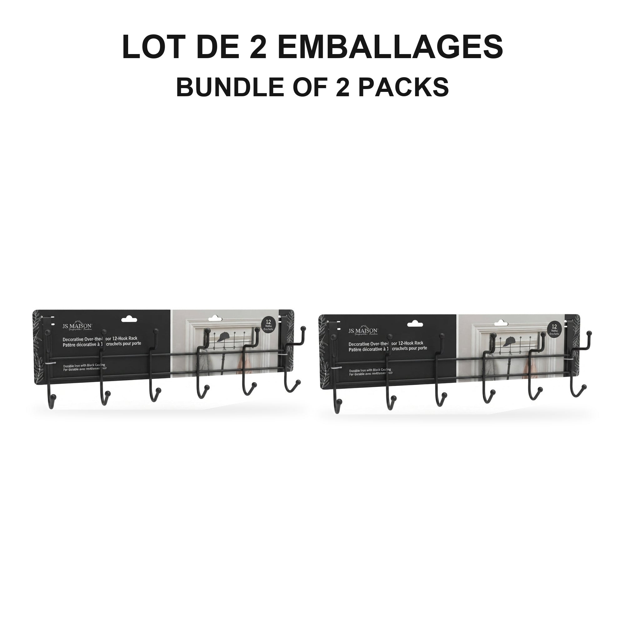 JS Maison Patère de porte à 6 crochets - Noir - Lot de 2 - emballage - Simple Boutique