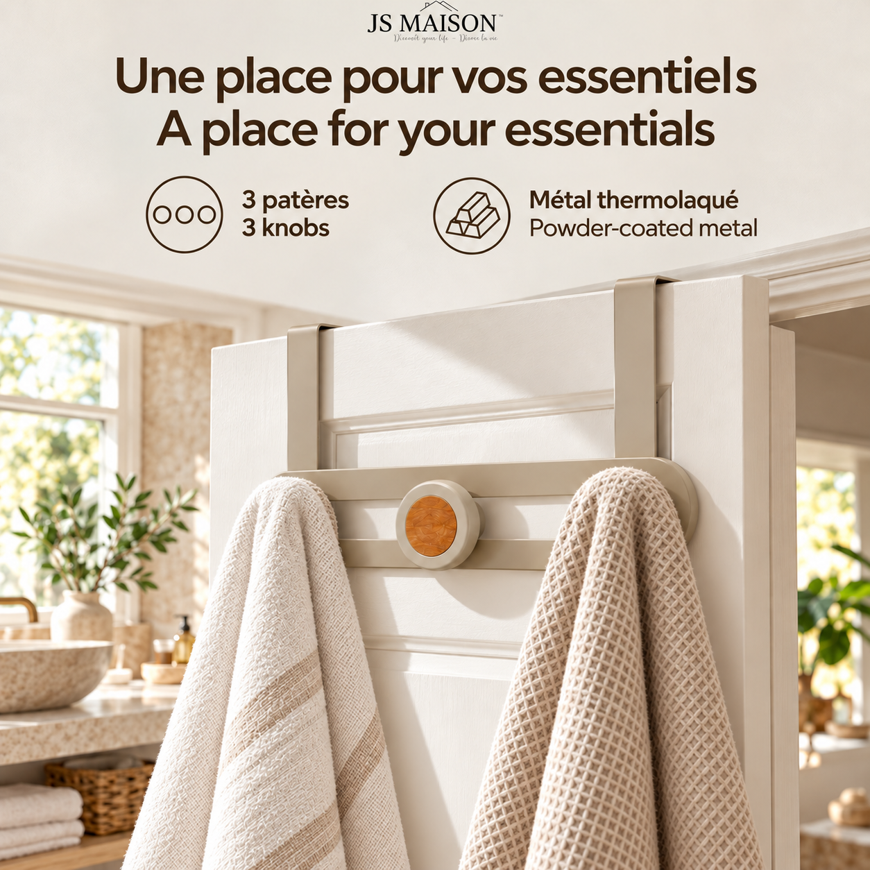 JS Maison Porte-manteau 3 patères à suspendre à la porte - Beige mat - Lot de 2 - Simple Boutique