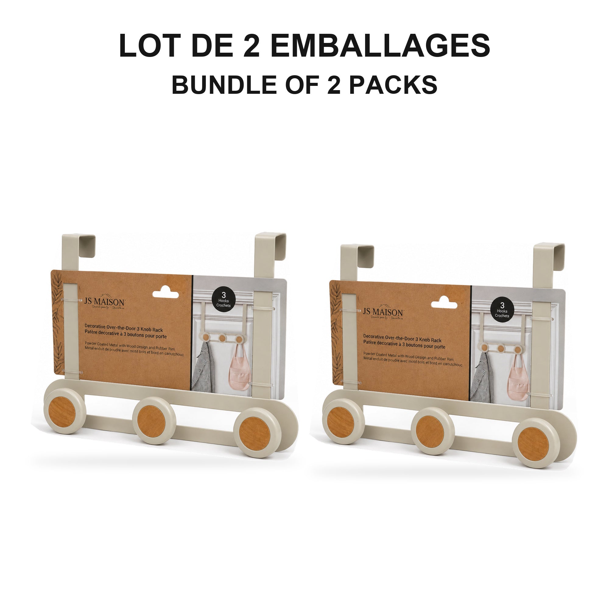 JS Maison Porte-manteau 3 patères à suspendre à la porte - Beige mat - Lot de 2 - emballage - Simple Boutique