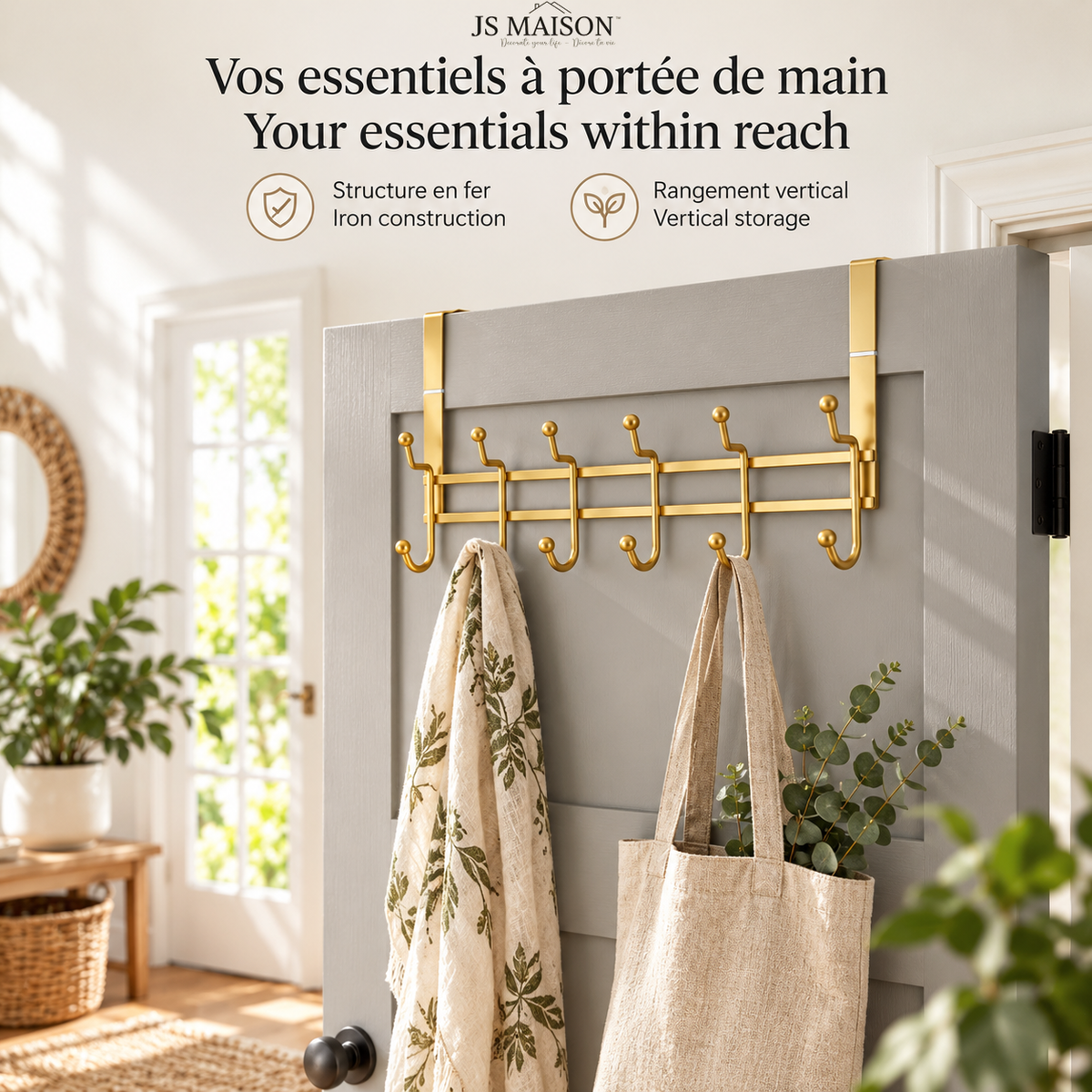 JS Maison Porte-manteau à 6 crochets à suspendre sur une porte - Or chaud - Lot de 2 - Simple Boutique