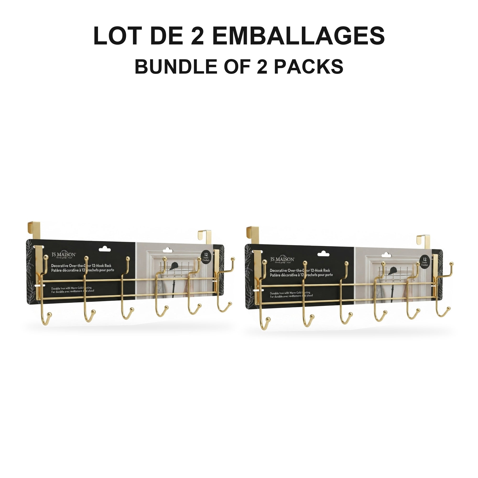 JS Maison Porte-manteau à 6 crochets à suspendre sur une porte - Or chaud - Lot de 2 - emballage - Simple Boutique