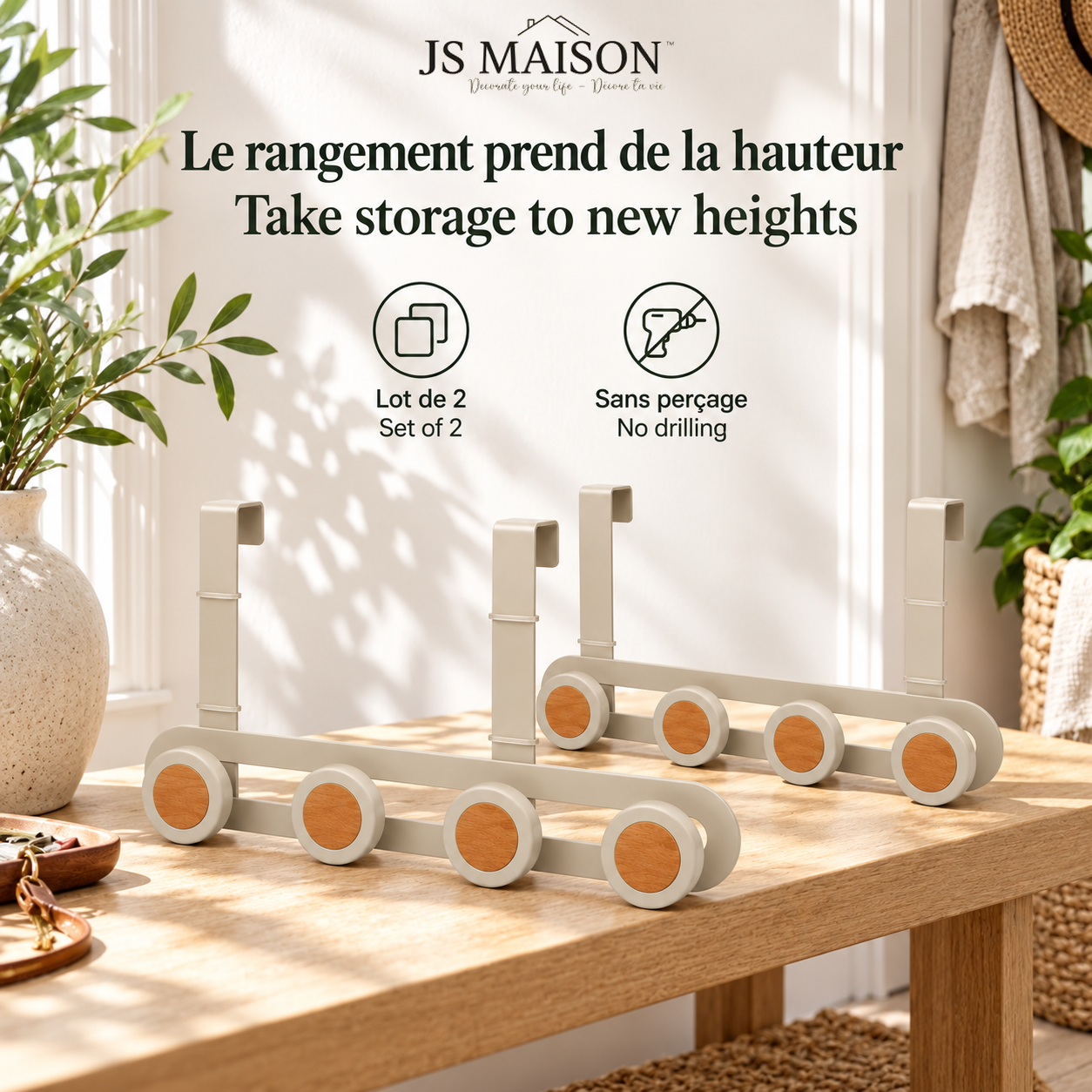 JS Maison Porte-manteau de porte à 4 crochets - Beige mat - Lot de 2 - Simple Boutique