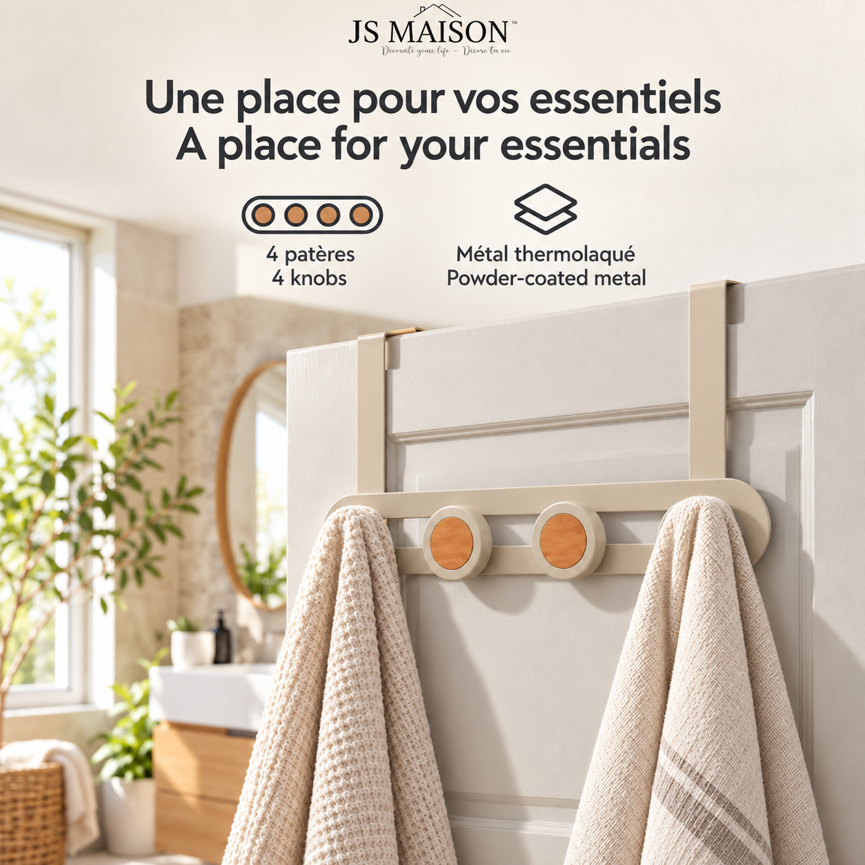 JS Maison Porte-manteau de porte à 4 crochets - Beige mat - Lot de 2 - Simple Boutique
