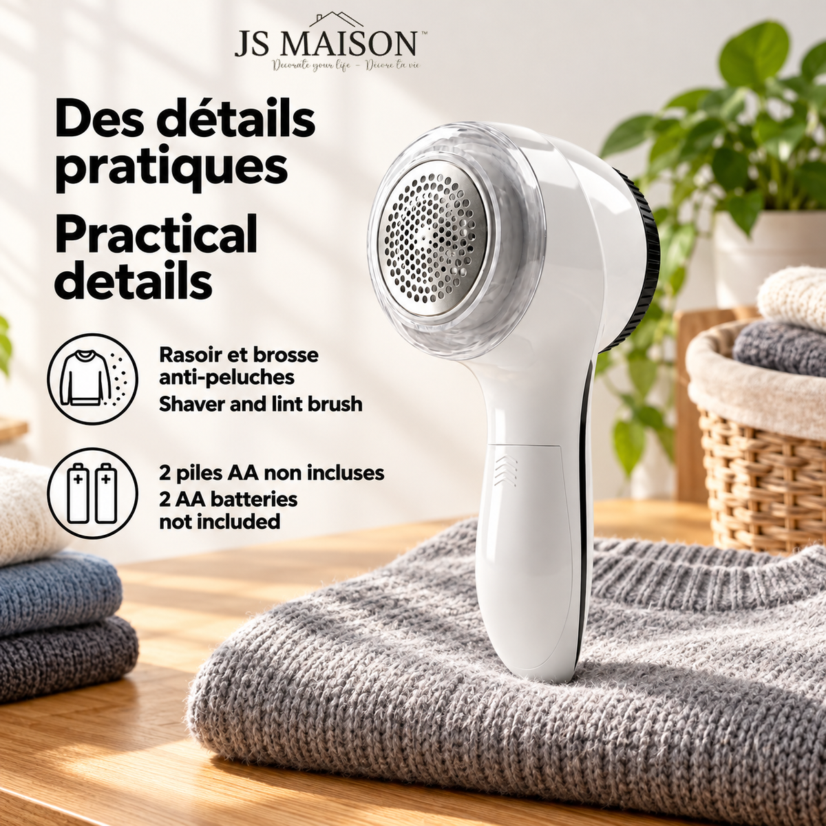 JS Maison Rasoir anti-bouloches à piles et brosse anti-peluches 2-en-1 - Blanc - Simple Boutique