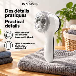 JS Maison Rasoir anti-bouloches à piles et brosse anti-peluches 2-en-1 - Blanc - Simple Boutique