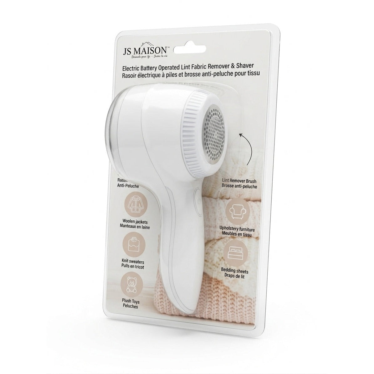 JS Maison Rasoir anti-bouloches à piles et brosse anti-peluches 2-en-1 - Blanc - emballage - Simple Boutique