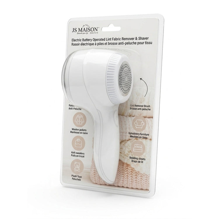 JS Maison Rasoir anti-bouloches à piles et brosse anti-peluches 2-en-1 - Blanc - emballage - Simple Boutique