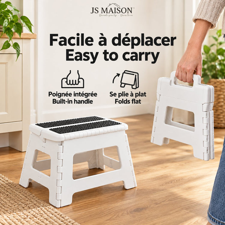 JS Maison Tabouret pliant antidérapant de 23 cm - Blanc - Lot de 2 - Simple Boutique