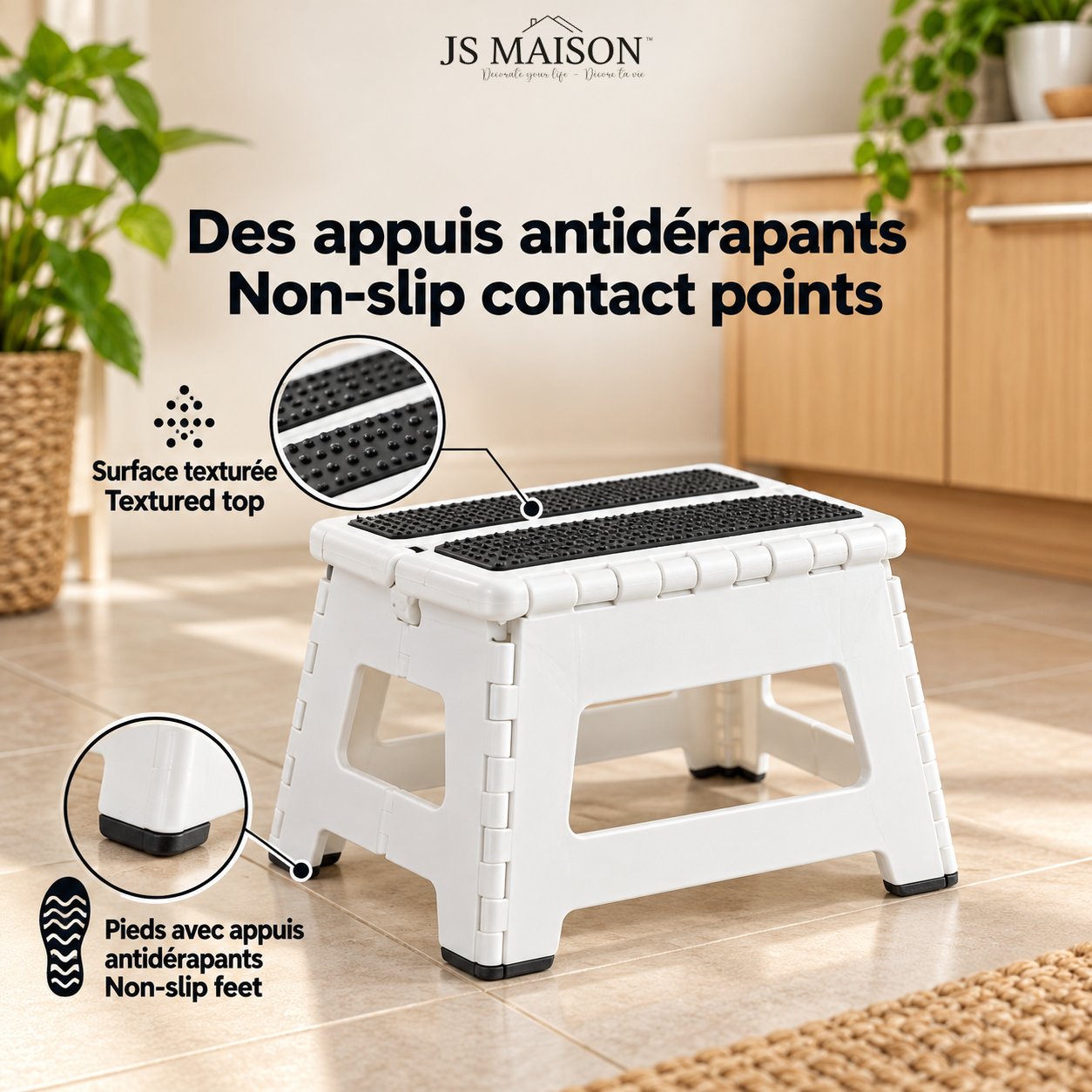 JS Maison Tabouret pliant antidérapant de 23 cm - Blanc - Lot de 2 - Simple Boutique