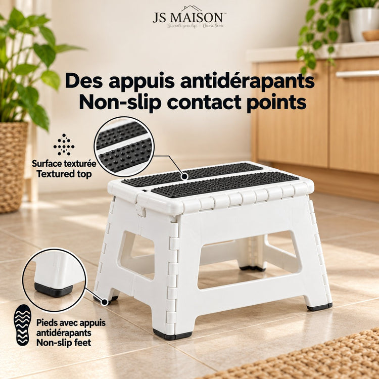 JS Maison Tabouret pliant antidérapant de 23 cm - Blanc - Lot de 2 - Simple Boutique