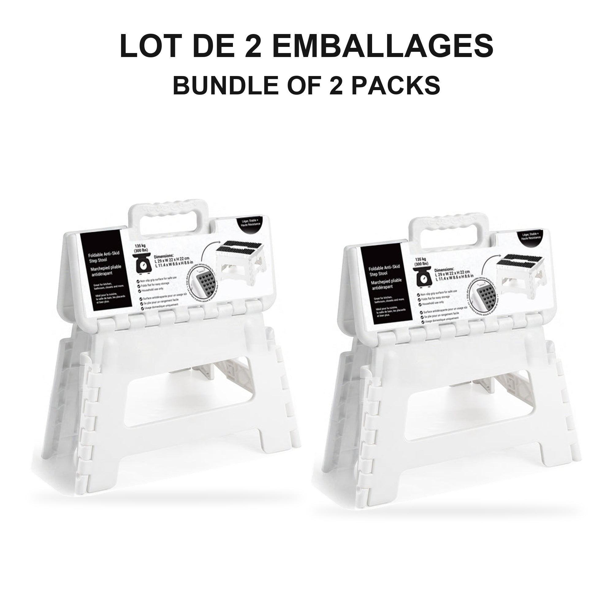 JS Maison Tabouret pliant antidérapant de 23 cm - Blanc - Lot de 2 - emballage - Simple Boutique