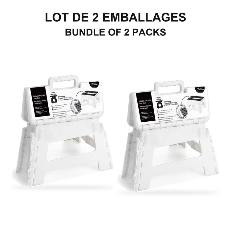 JS Maison Tabouret pliant antidérapant de 23 cm - Blanc - Lot de 2 - emballage - Simple Boutique