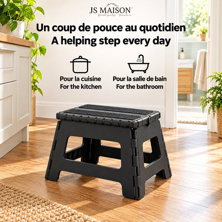 JS Maison Tabouret pliant antidérapant de 23 cm - Noir - Lot de 2 - Simple Boutique