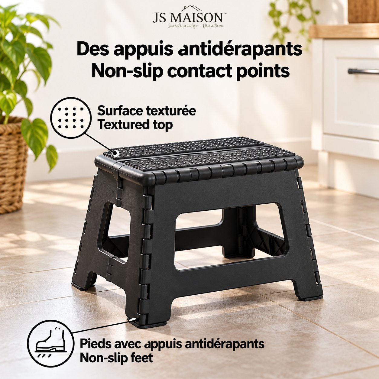 JS Maison Tabouret pliant antidérapant de 23 cm - Noir - Lot de 2 - Simple Boutique