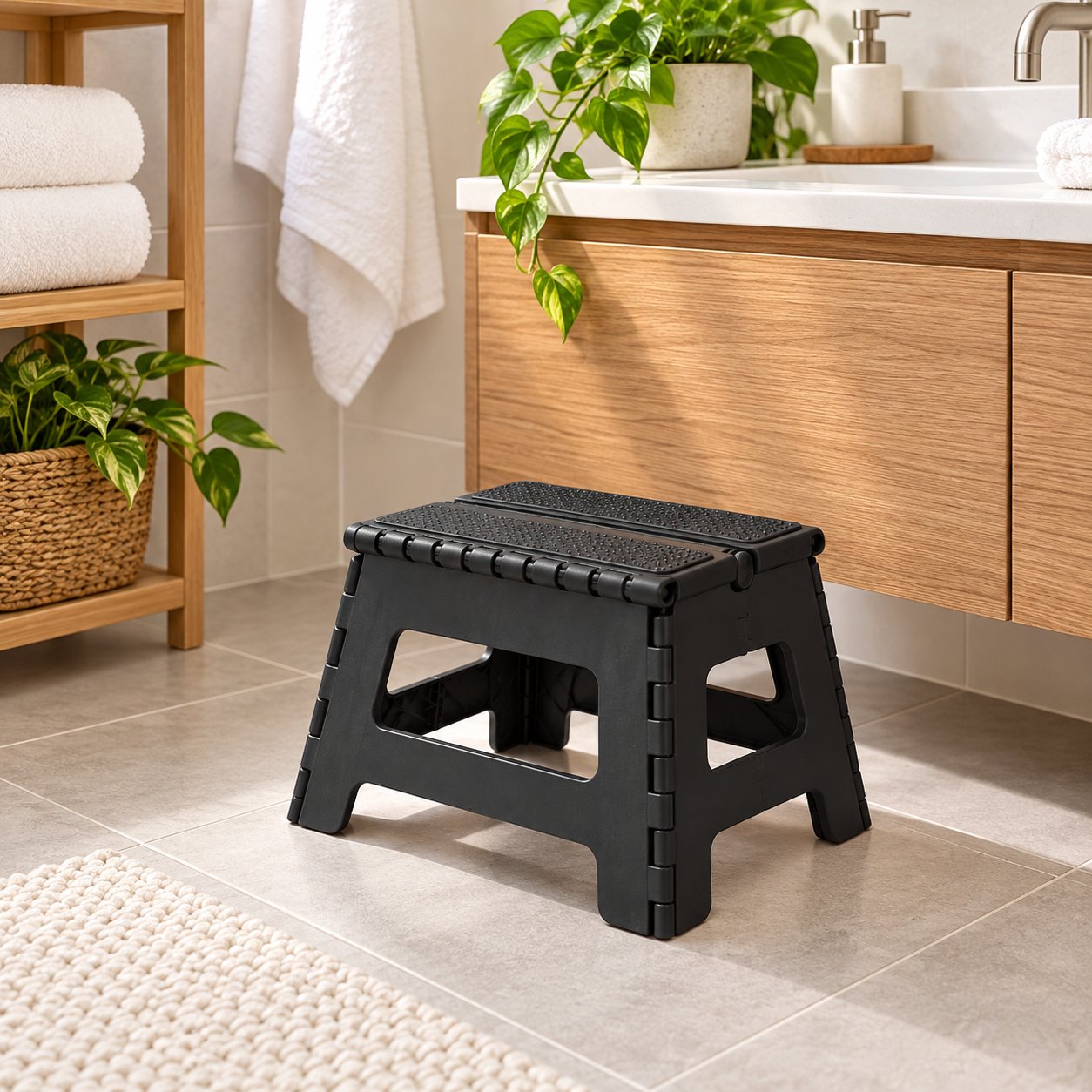 JS Maison Tabouret pliant antidérapant de 23 cm - Noir - Lot de 2 - Simple Boutique