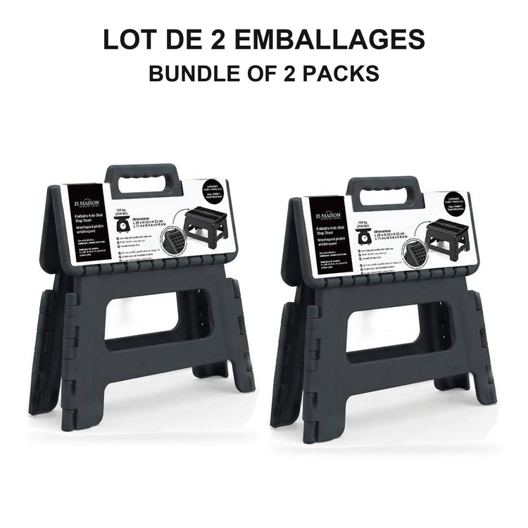 JS Maison Tabouret pliant antidérapant de 23 cm - Noir - Lot de 2 - emballage - Simple Boutique