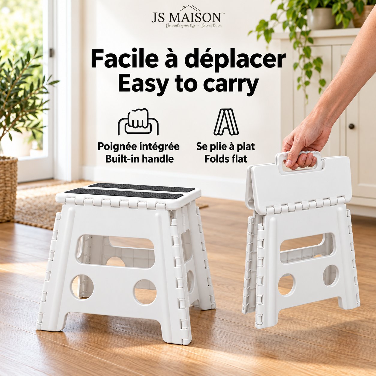 JS Maison Tabouret pliant antidérapant de 31,75 cm - Blanc - Lot de 2 - Simple Boutique