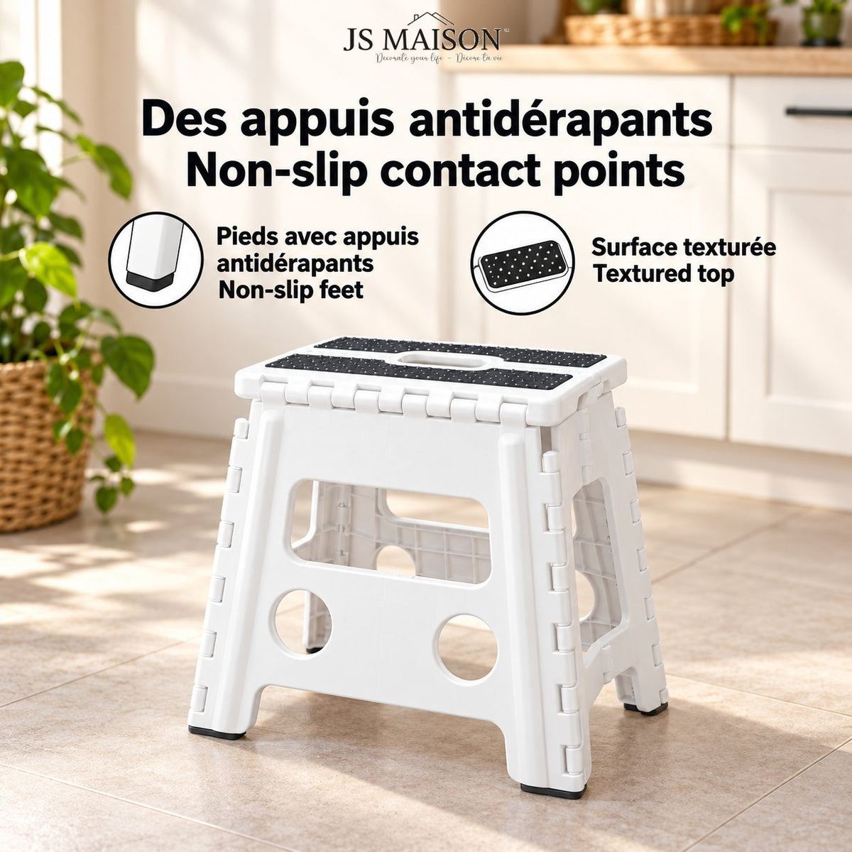 JS Maison Tabouret pliant antidérapant de 31,75 cm - Blanc - Lot de 2 - Simple Boutique
