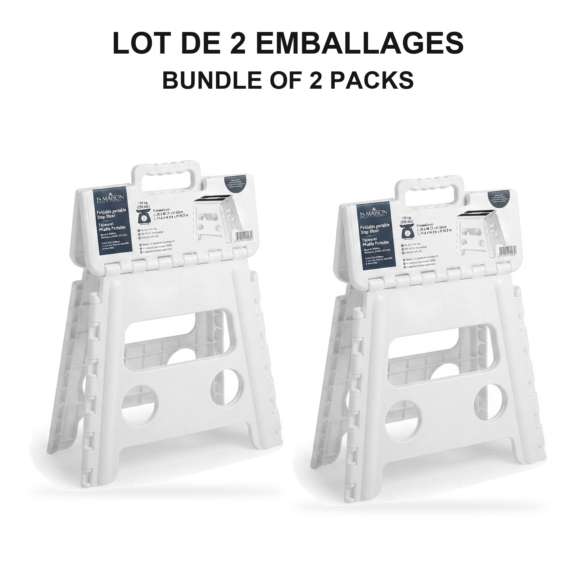 JS Maison Tabouret pliant antidérapant de 31,75 cm - Blanc - Lot de 2 - emballage - Simple Boutique