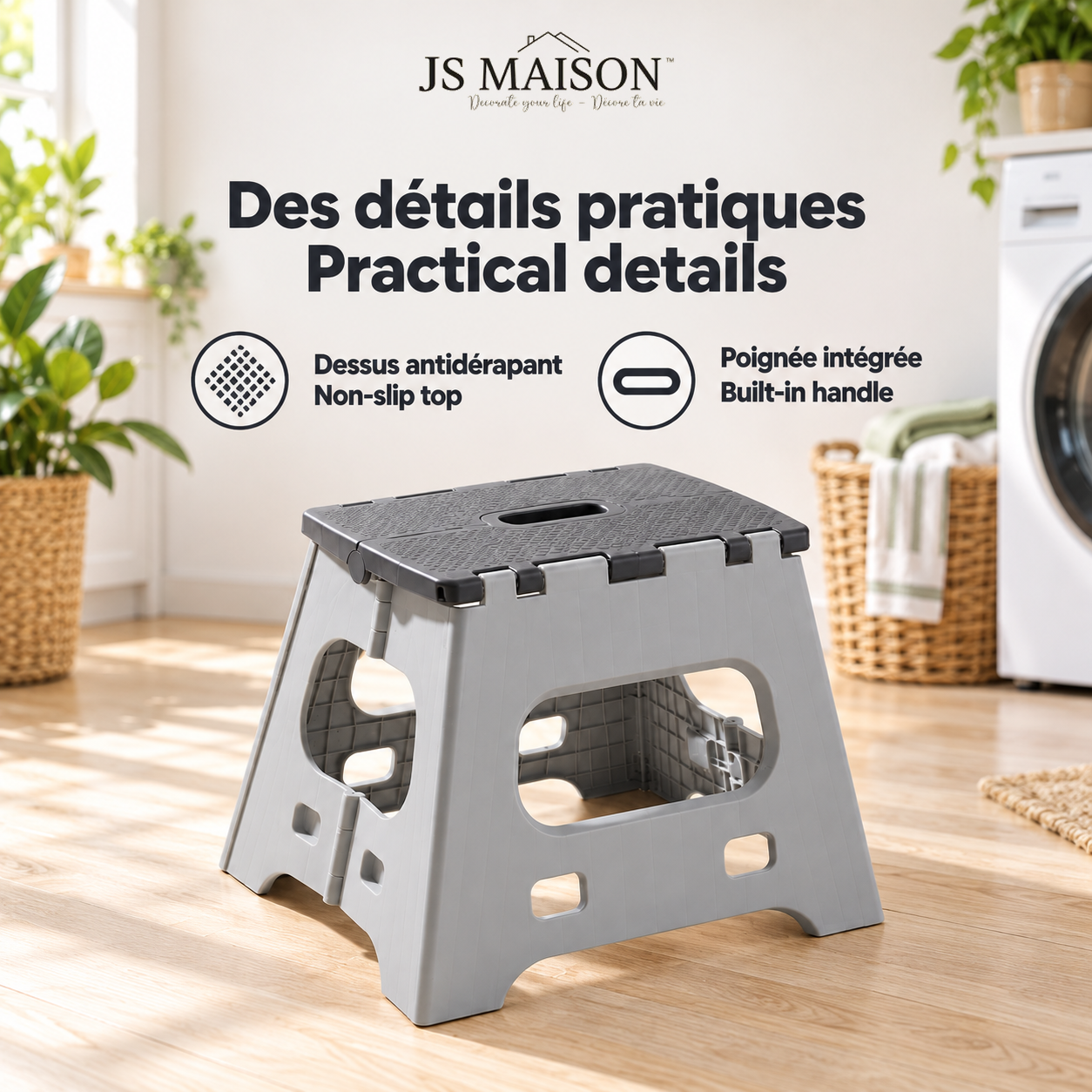 JS Maison Tabouret pliant en plastique 26,5 cm - Gris - Lot de 2 - Simple Boutique