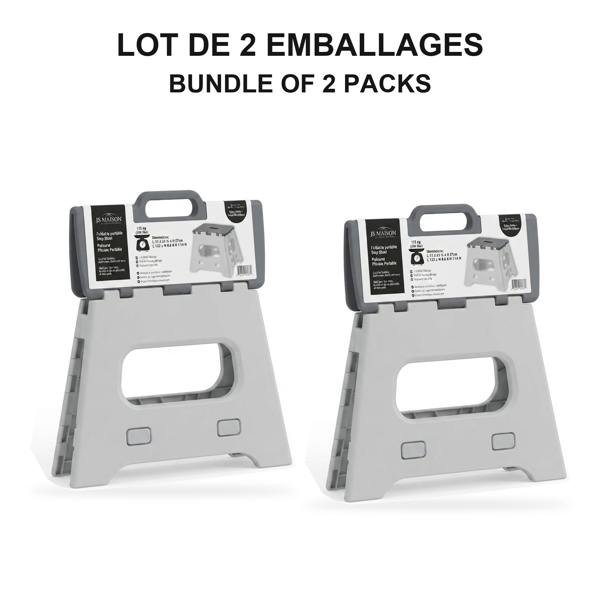 JS Maison Tabouret pliant en plastique 26,5 cm - Gris - Lot de 2 - emballage - Simple Boutique