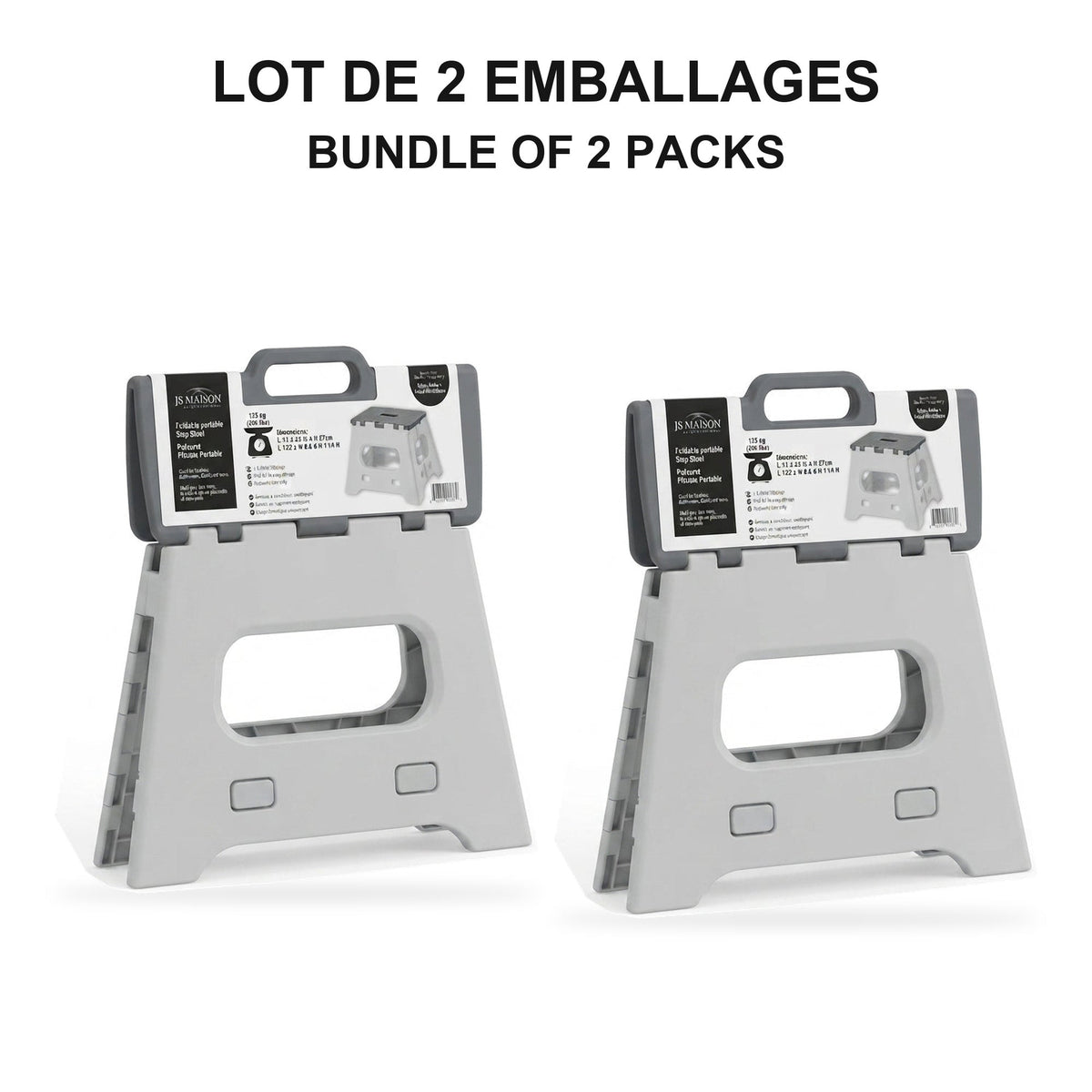 JS Maison Tabouret pliant en plastique 26,5 cm - Gris - Lot de 2 - emballage - Simple Boutique