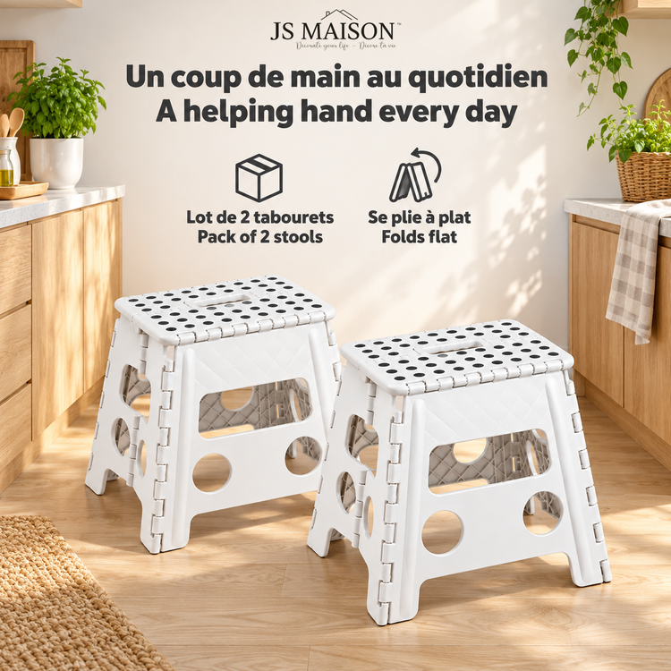 JS Maison Tabouret pliant en plastique 31,75 cm - Blanc - Lot de 2 - Simple Boutique