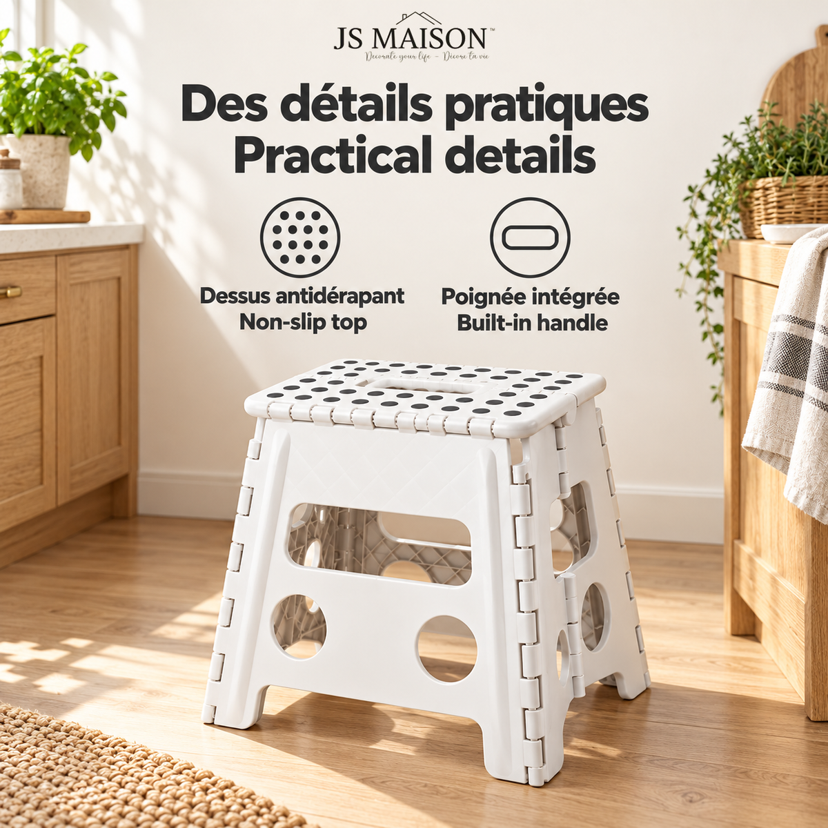 JS Maison Tabouret pliant en plastique 31,75 cm - Blanc - Lot de 2 - Simple Boutique