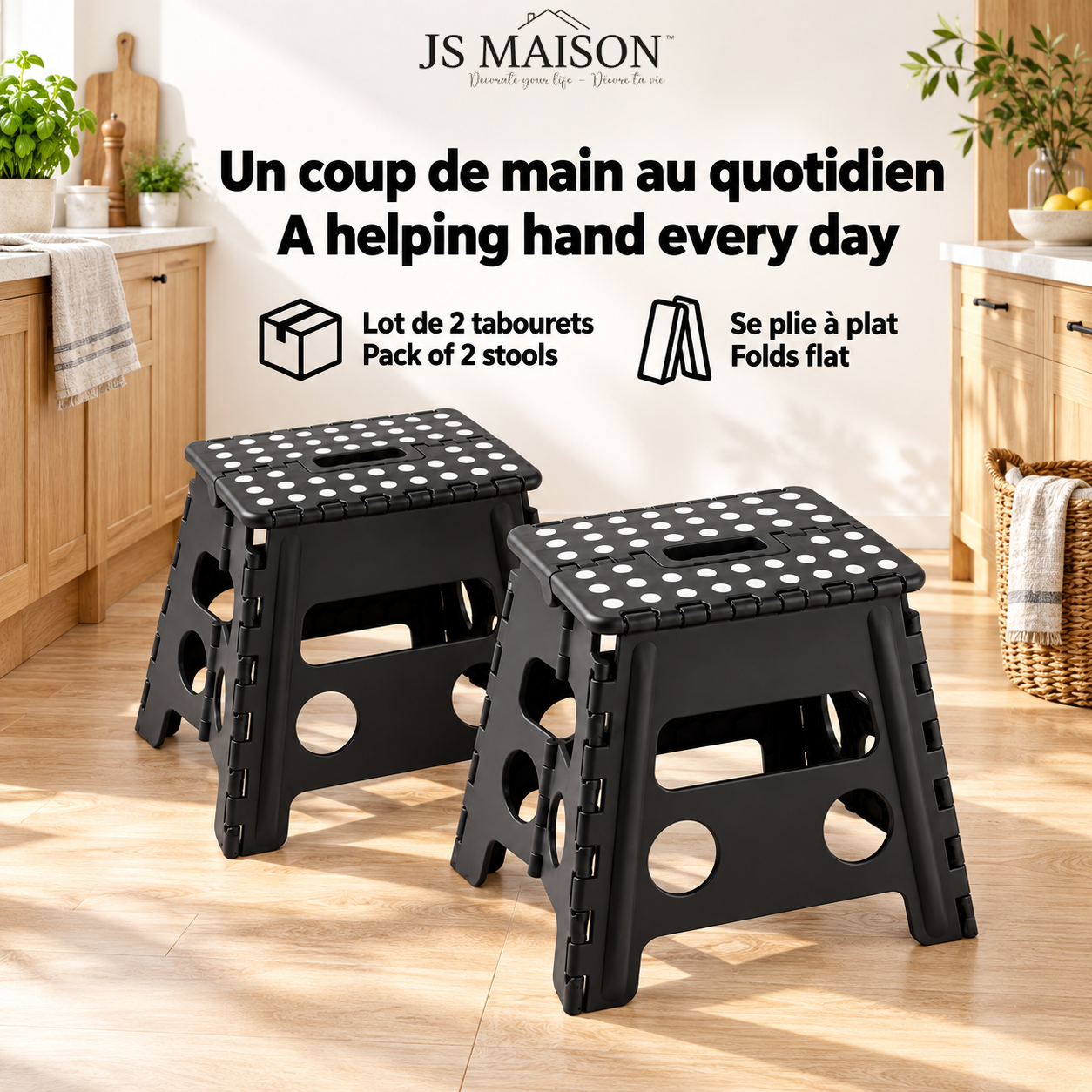 JS Maison Tabouret pliant en plastique 31,75 cm - Noir - Lot de 2 - Simple Boutique