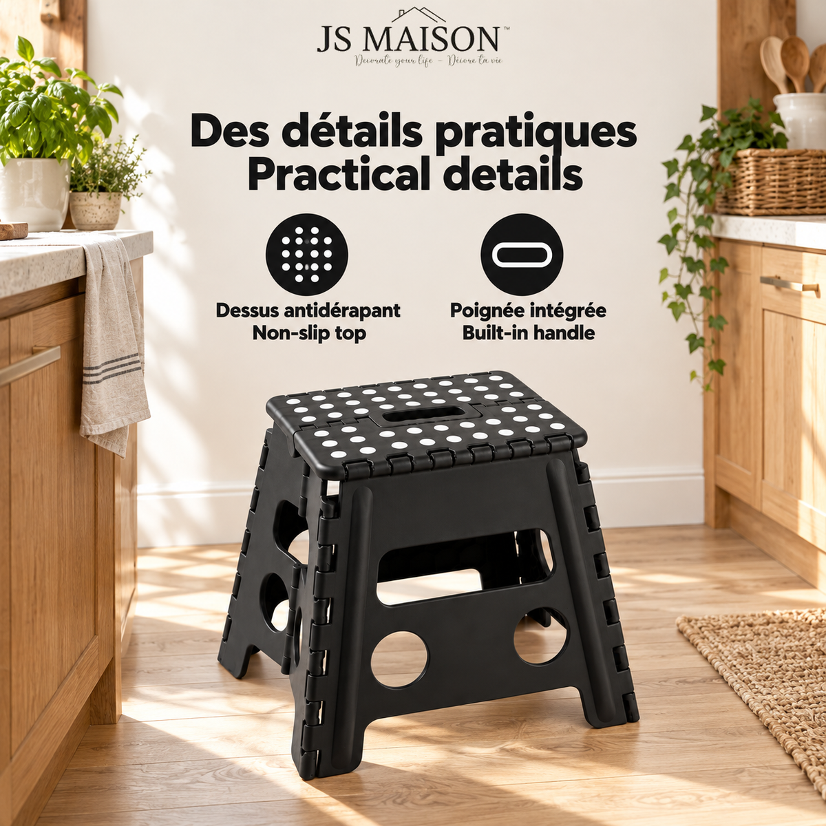 JS Maison Tabouret pliant en plastique 31,75 cm - Noir - Lot de 2 - Simple Boutique