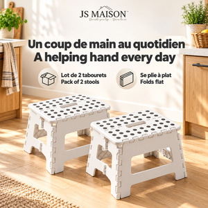 JS Maison Tabouret pliant en plastique de 9 po - Blanc - Lot de 2 - Simple Boutique