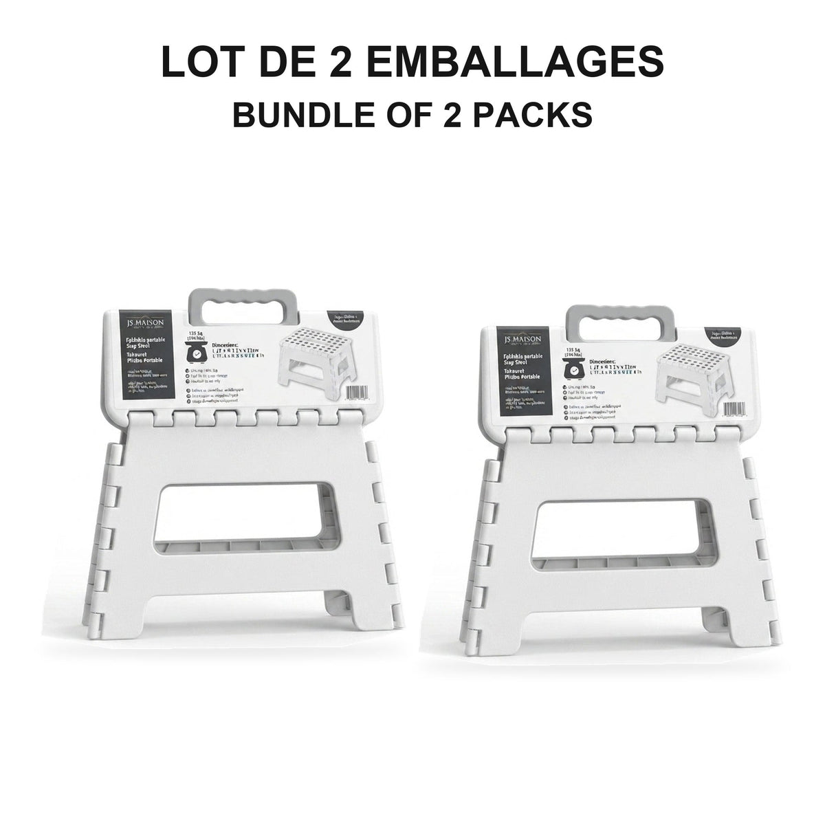 JS Maison Tabouret pliant en plastique de 9 po - Blanc - Lot de 2 - emballage - Simple Boutique