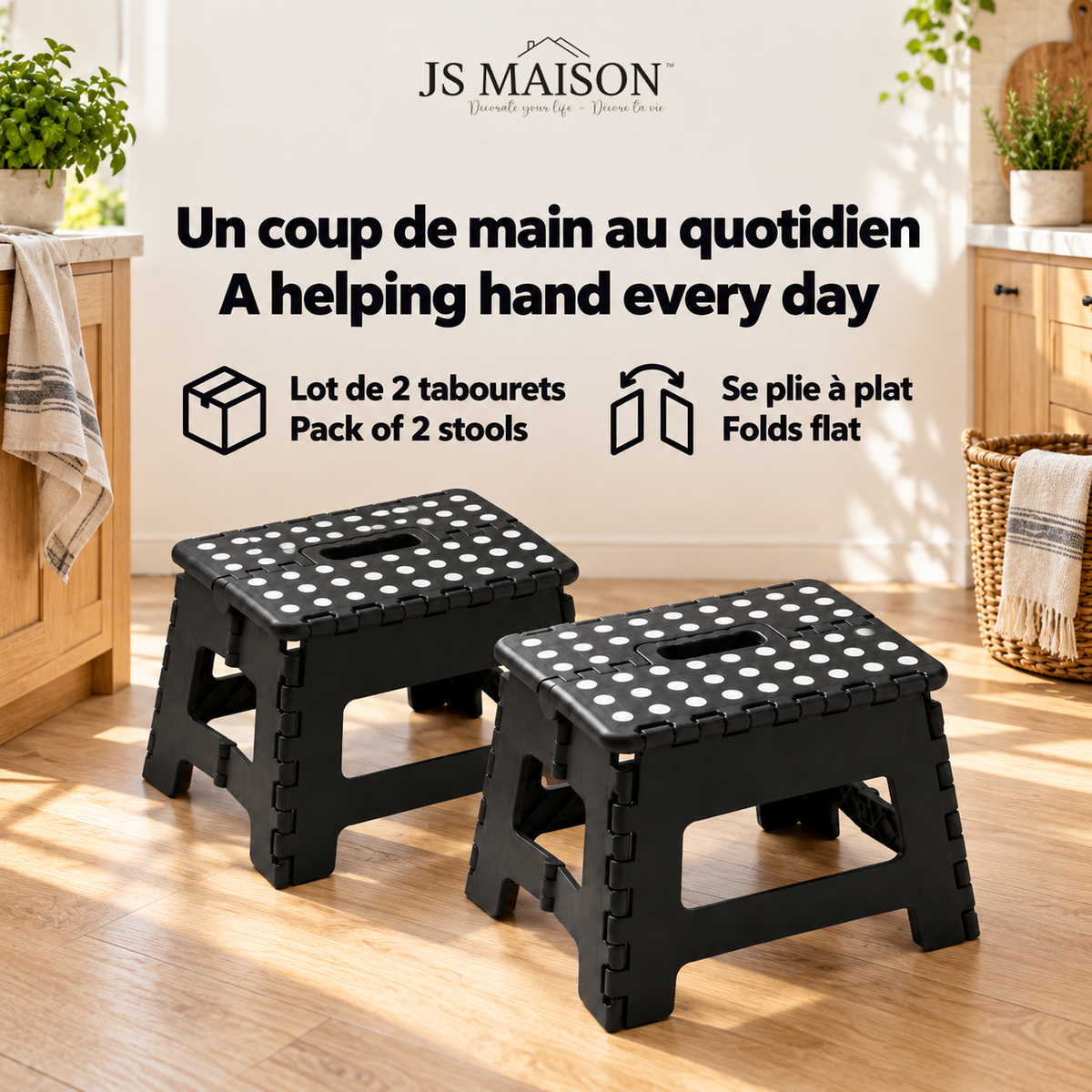JS Maison Tabouret pliant en plastique de 9 po - Noir - Lot de 2 - Simple Boutique