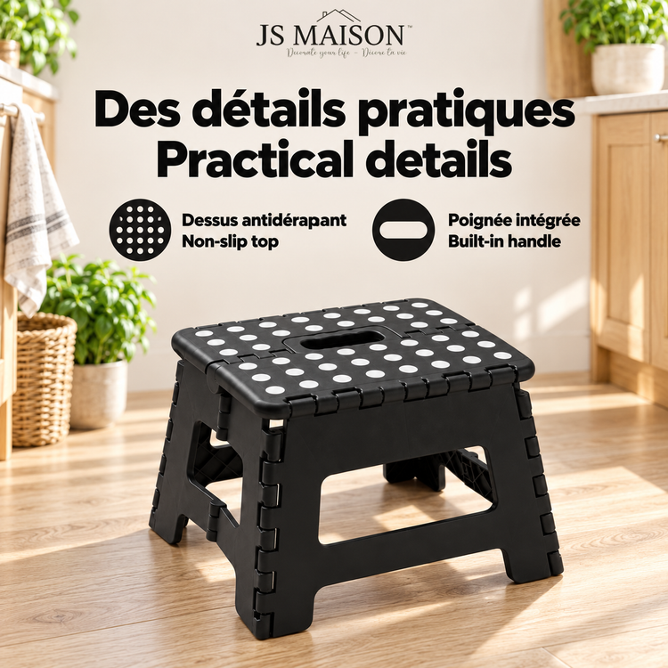 JS Maison Tabouret pliant en plastique de 9 po - Noir - Lot de 2 - Simple Boutique