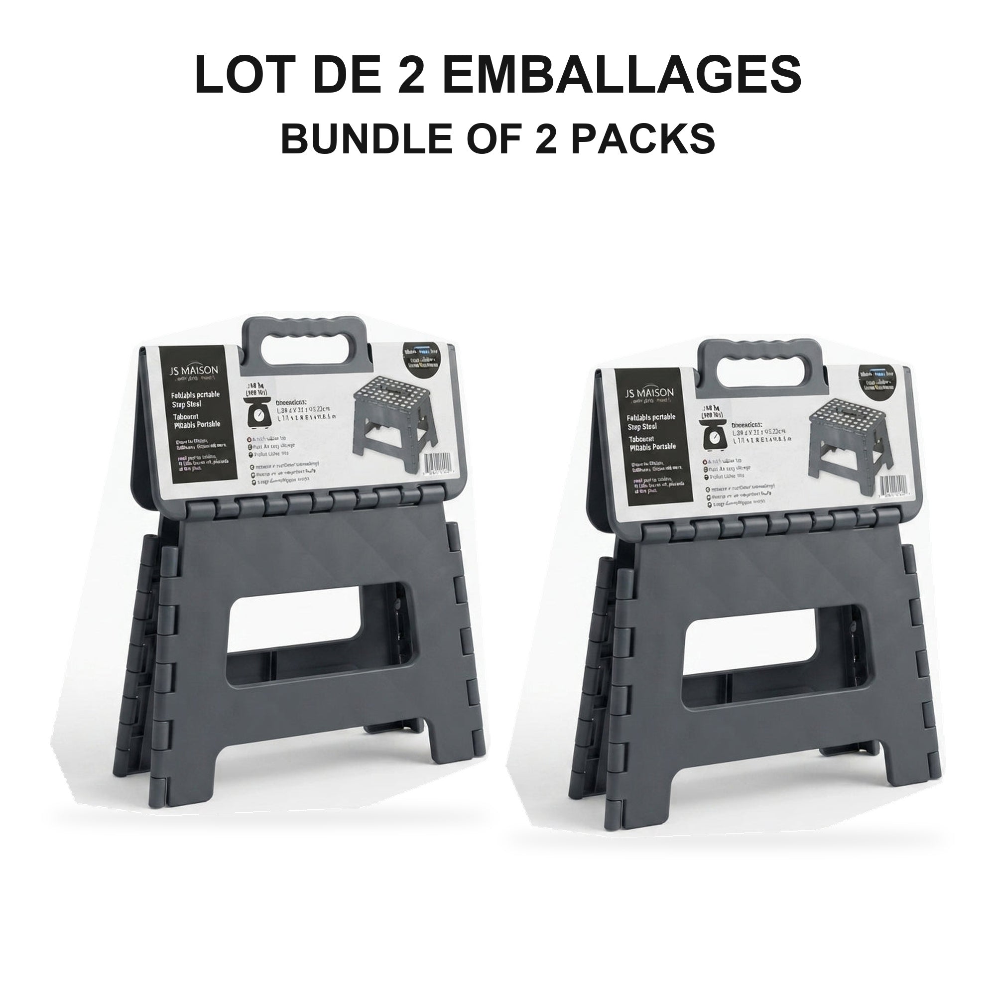 JS Maison Tabouret pliant en plastique de 9 po - Noir - Lot de 2 - emballage - Simple Boutique