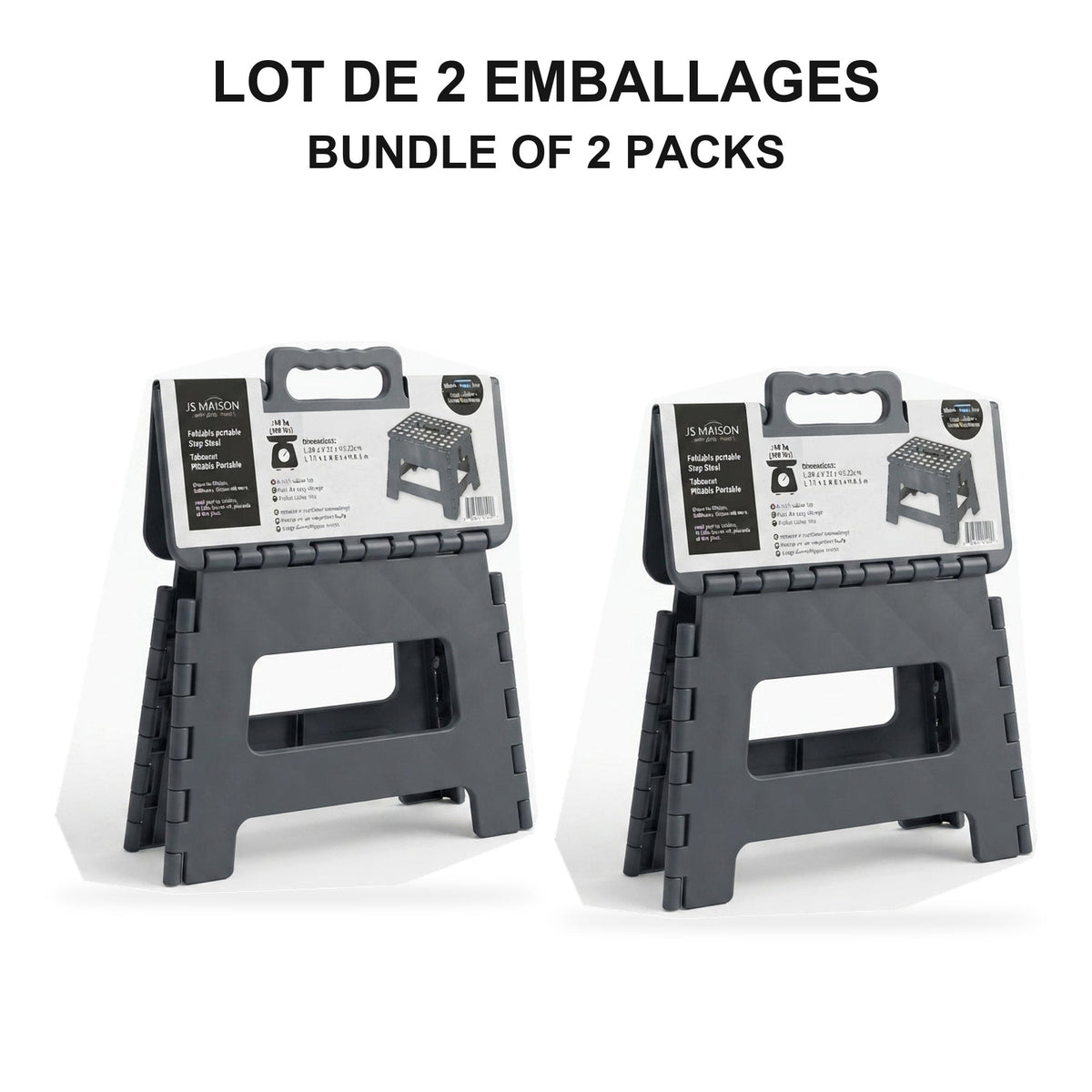 JS Maison Tabouret pliant en plastique de 9 po - Noir - Lot de 2 - emballage - Simple Boutique