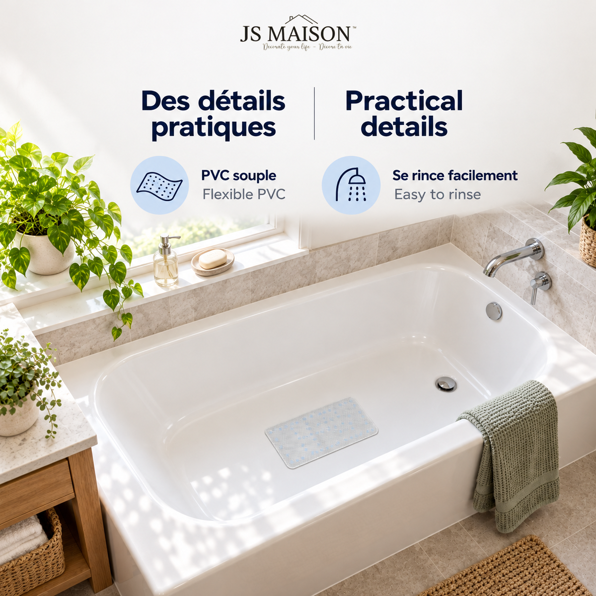 JS Maison Tapis de bain antidérapant en PVC avec ventouses - Lot de 2 - Simple Boutique