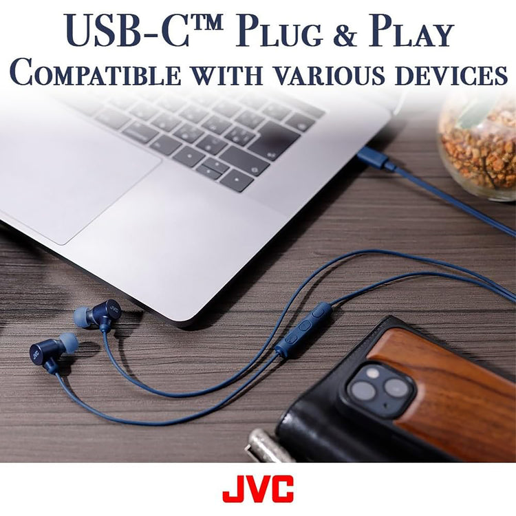 JVC - Écouteurs Intra-Auriculaire Filaires, USB-C, Haute Résolution, Microphone Intégré, Bleu - Simple Boutique