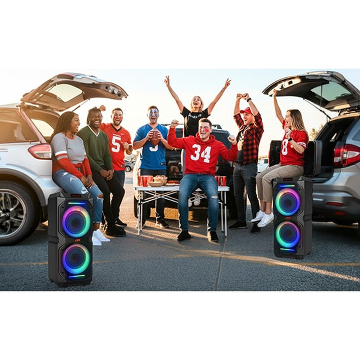 JVC - Haut-Parleur de Fête Sans-Fil Kaboom 120 W, Deux Woofers 8 po, Karaoké et Guitare, Éclairage DEL, IPX5, Noir - Simple Boutique